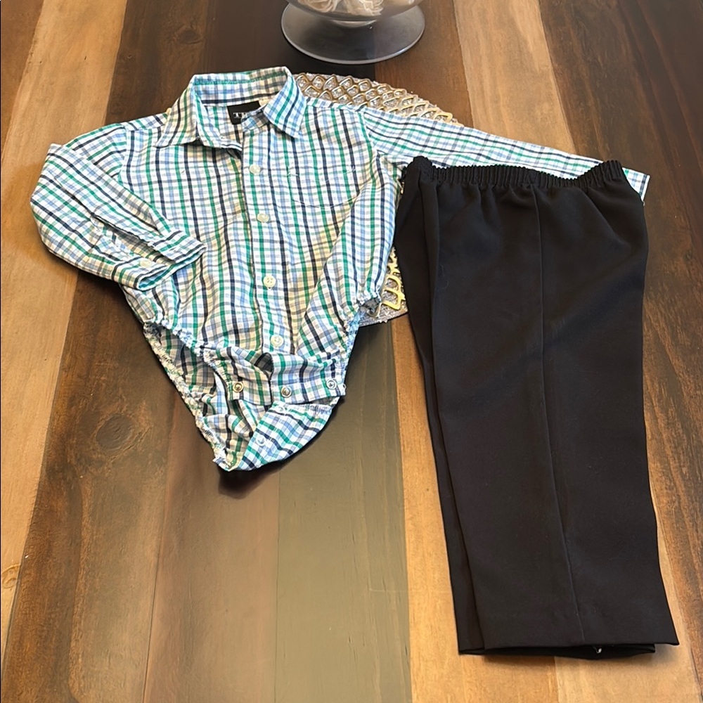 Plaid Button-Up Shirt and Black Pants Set